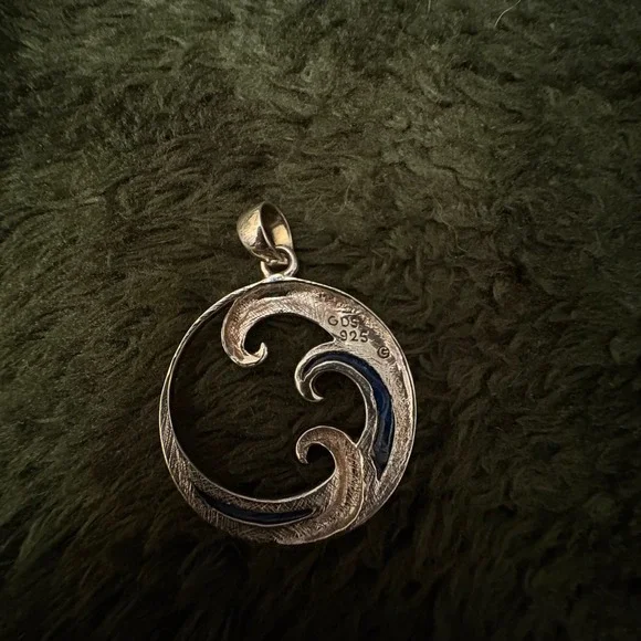 .925 Sterling Silver Wave Pendant Blue Inlay Ocean‎ Wave Nautical